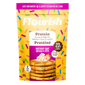 Front of Flourish Protein Pancake & Waffle Mix Birthday Cake, 430g
