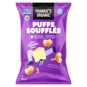Front of Frankie's Organic Cheese Puffs White Cheddar