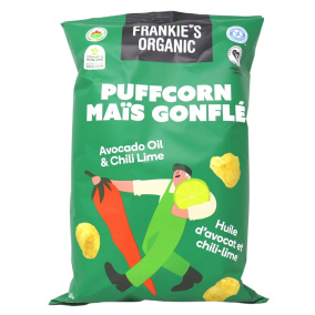 Front of Frankie's Organic Puffcorn Gluten-Free Chip Puffed Snack Avocado Oil Chip Chili Lime