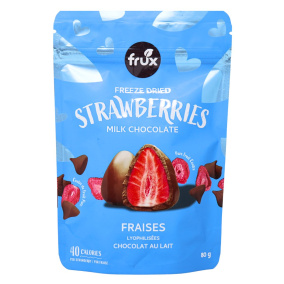 Front of Frux Freeze Dried Strawberries Covered in Milk Chocolate - Creamy Chocolate Berries - Sweet Dessert Snacks - Snackable Chocolate Fruit