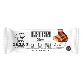 Front of Genius Gourmet Keto Bars Creamy Peanut Butter Chocolate Protein Bar