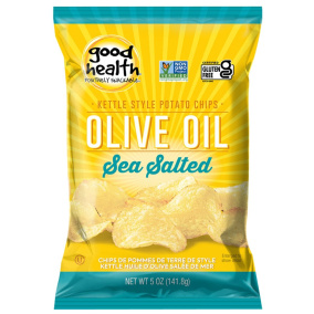 Front of Good Health Kettle Style Potato Chips Olive Oil Sea Salted, 141.8g