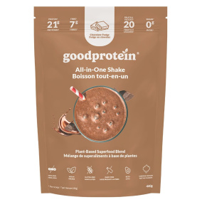 Front of Good Protein - All In One Shake - Chocolate Vegan Protein Powder - Good Protein Powder - Superfood Protein Powder - Chocolate Fudge Protein Powder