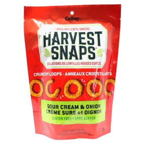 Front of Harvest Snaps Crunchy Loops Lentil Chips Snacks Sour Cream And Onion