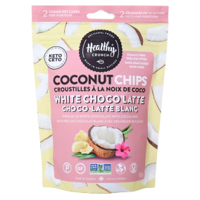 Front of Healthy Crunch Keto Coconut Chips White Choco’latte, 100g