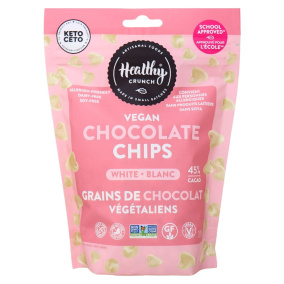 Front of Healthy Crunch White Vegan Chocolate Chips, 300g