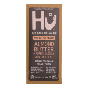 Front of Hu Kitchen Almond Butter & Puffed Quinoa Chocolate Bar - vegan chocolate bars - dark chocolate bar - gluten free chocolate bars