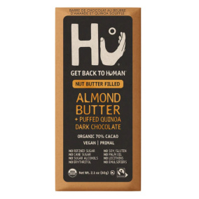 Front of Hu Kitchen Almond Butter & Puffed Quinoa Chocolate Bar - vegan chocolate bars - dark chocolate bar - gluten free chocolate bars