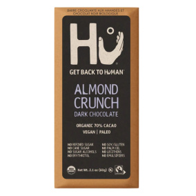 Front of Hu Kitchen Organic Dark Chocolate Almond Crunch Bar - Best Vegan Chocolate - Paleo Chocolate Bar - Paleo Dark Chocolate Brands