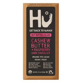 Front of Hu Cashew Butter and Raspberry Jelly Dark Chocolate Bar, 60g