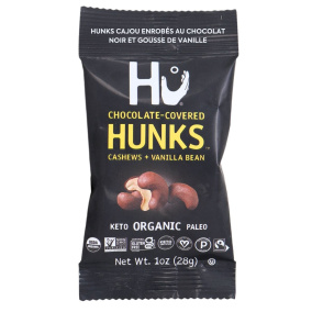 Front of Hu Kitchen Hunks Chocolate Covered Cashews + Vanilla Bean