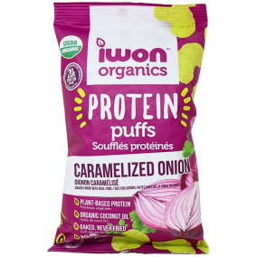Front of IWON Organics Plant-Based Protein Puffs Caramelized Onion, 141g