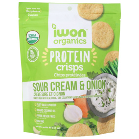 Front of IWON Organics Protein Chips Sour Cream and Onion Protein Crisps