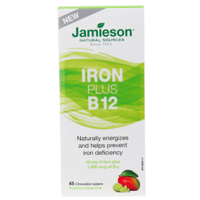 Front of Jamieson Vitamins Chewable Iron + Vitamin B12 Tropical Mango Lime, 45 Tablets