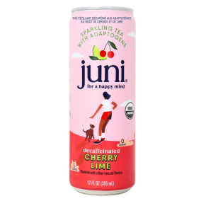 Front of Juni Sparkling Decaffeinated Adaptogenic Tea Cherry Lime - Adaptogenic Drinks - Jay Shetty Tea - Sparkling Teas
