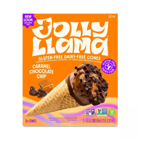 Front of Jolly Llama Dairy-Free Cone Caramel Chocolate Chip - Non-Dairy Ice Cream - Vegan Ice Cream Cone  - Gluten Free Waffle Cone