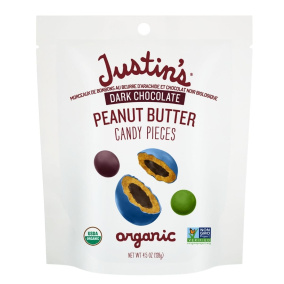 Front of Justin's Organic Dark Chocolate Peanut Butter Candy Pieces