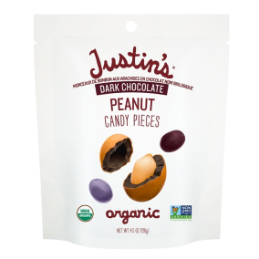 Front of Justin's Dark Chocolate Peanut Candy Pieces Healthy Peanut M&ms
