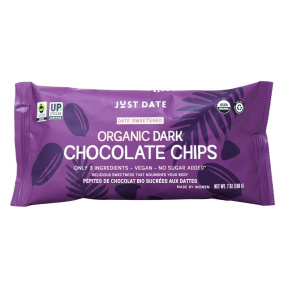 Front of Just Date Organic Dark Chocolate Chips Date Sweetened Chocolate Chips Date Chocolate Chips No Sugar Added Chocolate Chips