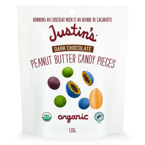 Front of Justin's Organic Dark Chocolate Peanut Butter Candy Pieces