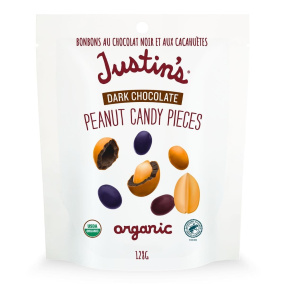 Front of Justin's Dark Chocolate Peanut Candy Pieces Healthy Peanut M&ms