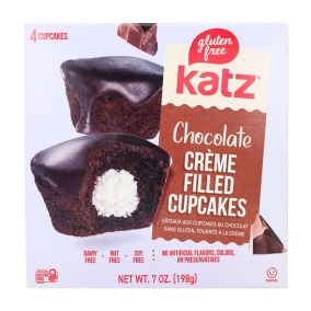 Front of Katz Gluten-Free Creme-Filled Cupcakes Chocolate - Gluten Free Cupcake - Dairy Free Cupcake - Dairy Free Snack