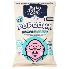 Front of Lesser Evil Organic Popcorn Homer's Blend Garlic Parmesan Popcorn