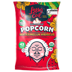 Front of Lesser Evil Organic Popcorn Watermelon Hibiscus - Vegan Popcorn - Gluten Free Popcorn - Made with Real Fruit Popcorn
