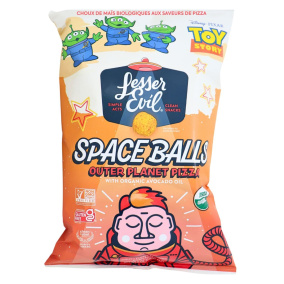 Front of Lesser Evil Space Balls Organic Gluten-Free Corn Puffs Pizza - Puffs Chips - Puffed Corn Chips - Pizza Chips
