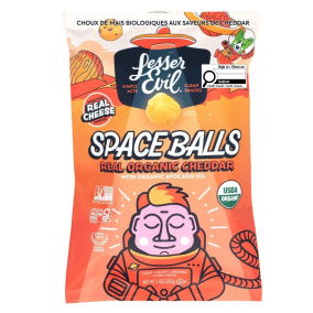 Front of Lesser Evil Organic Corn Puffs Space Balls Real Cheddar - Corn Puffs - Puffs Chips - Gluten Free Corn Puffs