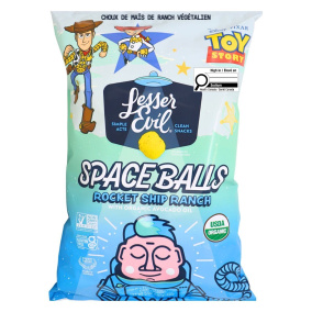 Front of Lesser Evil Space Balls Organic Gluten-Free Corn Puff Snacks Vegan Ranch Chips With Avocado Oil - Corn Puffs - Gluten Free Corn Puffs - Vegan Ranch Chips