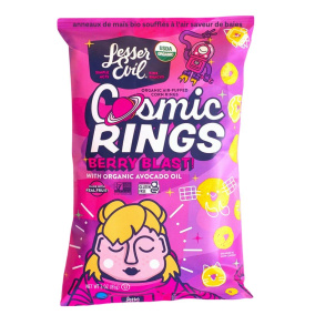 Front of Lesser Evil Cosmic Rings Organic Air-Puffed Corn Rings Berry Blast