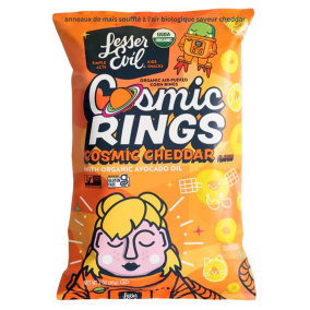Front of Lesser Evil Cosmic Cheddar Organic Air-Puffed Corn Rings Cosmic Cheddar - Organic Corn Chips - Gluten Free Corn Chips - Gluten Free Corn Puffs