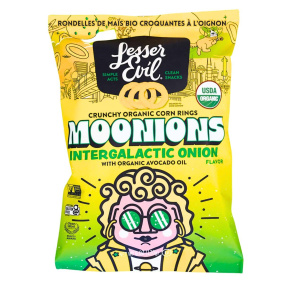 Front of Lesser Evil Moonions Crunchy Organic Corn Rings Intergalactic Onion Ring Chips
