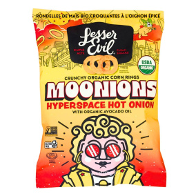 Front of Lesser Evil Moonions Crunchy Organic Corn Chips Onion Ring Chips Spicy - Organic Corn Chips - Corn Chip Gluten Free - Onion Ring Chips