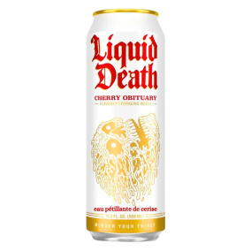 Front of Liquid Death Cherry Obituary Cherry Flavoured Sparkling Water Can
