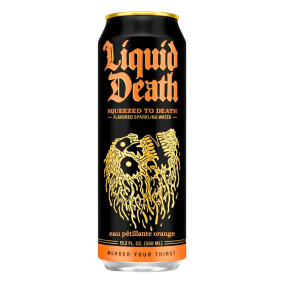 Front of Liquid Death Sparkling Water Squeezed To Death Citrus Orange Sparkling Water