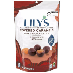 Front of Lily's Dark Chocolate Covered Caramels - No Sugar Added Chocolate - Gluten Free Chocolate - Fair Trade Chocolate