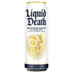 Front of Liquid Death Still Artesian Mountain Water