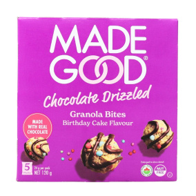Front of MadeGood Crunchy Oat Bites Birthday Cake Snack Packs