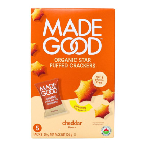 Front of MadeGood Star Puffed Crackers Cheddar Flavour - Top 8 Allergen Free Snacks - Gluten Free Healthy Crackers - Vegan Goldfish Crackers