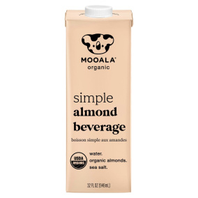 Front of Mooala Simple Almond Milk Natural Almond Milk Pure Almond Milk Unsweetened