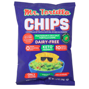Front of Mr. Tortilla Crunchy Chips Keto Tortilla Chips Multigrain Sea Salt, 56g