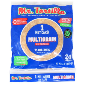 Front of Mr. Tortilla 4” 1 Net Carb Tortilla Original Multigrain, 24 Pack