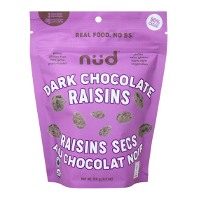 Front of Nud Organic Dark-Chocolate Covered Raisins