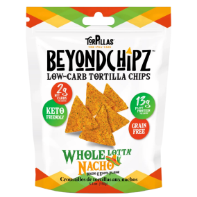 Front of BeyondChipz Whole Lotta’ Nacho - Keto Chips - Grain Free Chips - Gluten Free Chips -  Low Carb Tortilla Chips