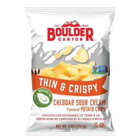 Front of Boulder Canyon Potato Chips with Avocado Oil Cheddar Sour Cream - Chips Made With Avocado Oil - Healthy Potato Chips - Gluten Free Potato Chips