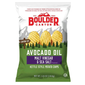 Front of Boulder Canyon Kettle Style Potato Chips With Avocado Oil Malt Vinegar & Sea Salt
