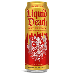 Front of Liquid Death Iced Tea Rest In Peach