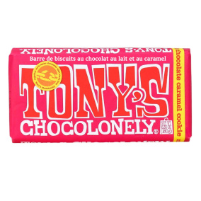 Front of Tony’s Chocolonely Milk Chocolate Caramel Cookie Bar, 180g